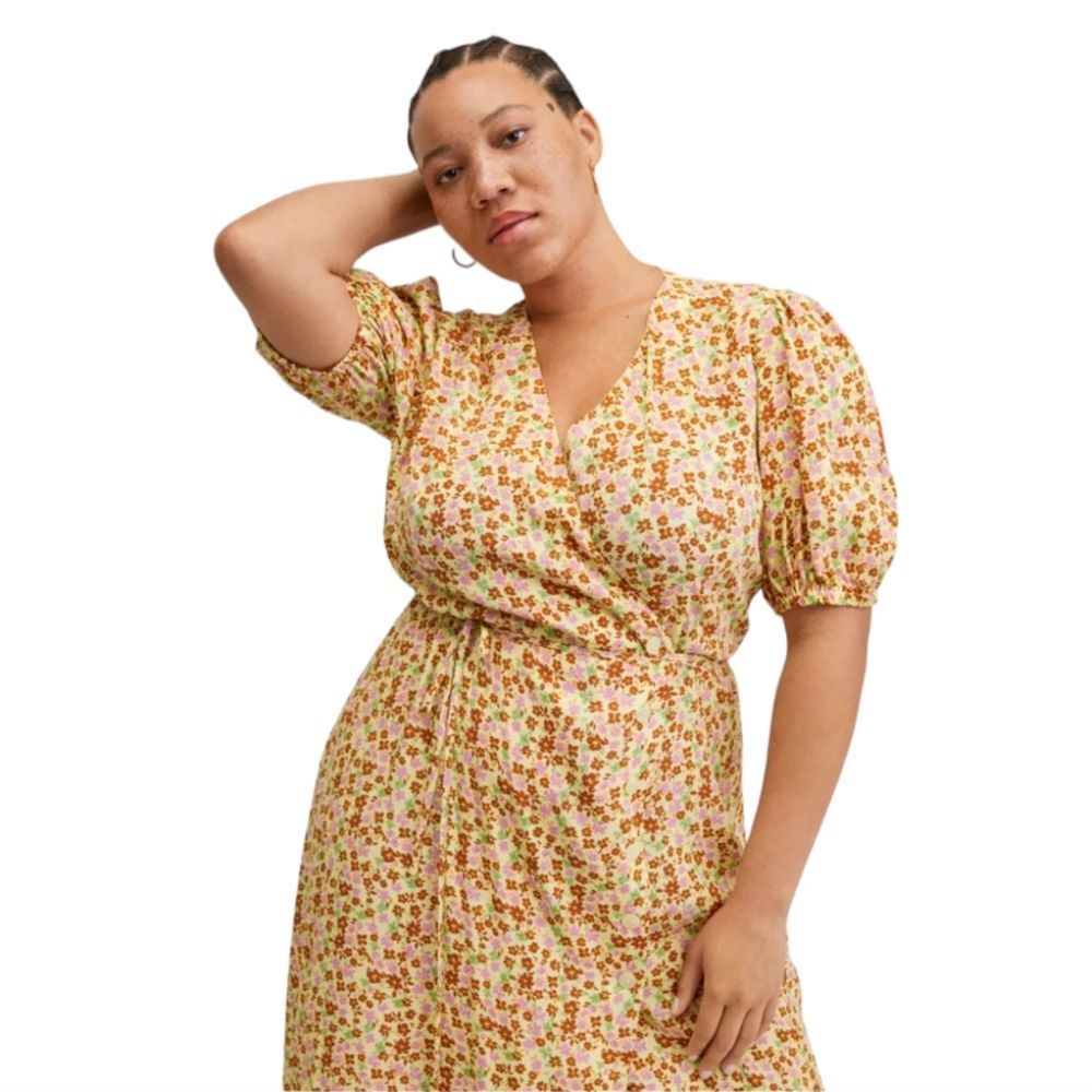 Mango Wrap Midi Dress Yellow‎ Floral Short Sleeve Size 1XL